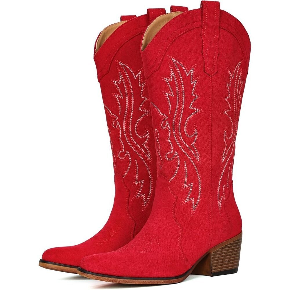 Women's Red Suede Western Cowgirl Chunky Heel Mid Calf Snip Toe Insteps Boots